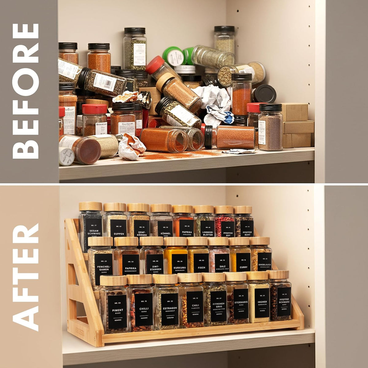 3 Tier Bamboo Spice Rack Organizer for Cabinet – Fits 24 Spice Jars, 17.5” Wide Countertop & Cabinet Organizer for Kitchen Organization, Seasoning Organizer Shelf (Jars Not Included) - Field & Nook
