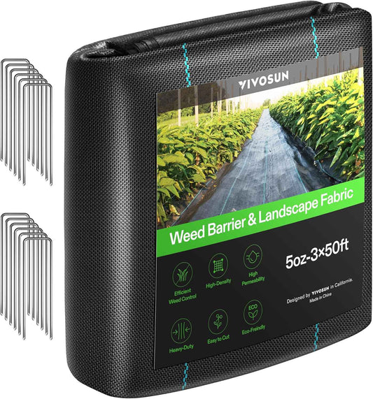 VIVOSUN Premium Weed Barrier Landscape Fabric Heavy Duty, 3ftx50ft 5oz Double-Layered Weed Control Mat with High Permeability with 12 Landscape Staples, Easy Set up & Superior Weed Control