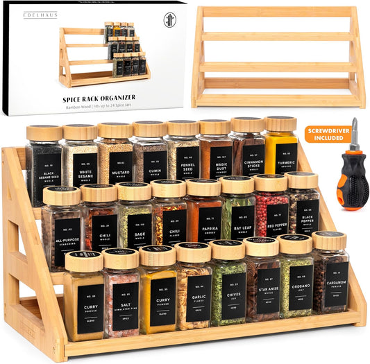 3 Tier Bamboo Spice Rack Organizer for Cabinet – Fits 24 Spice Jars, 17.5” Wide Countertop & Cabinet Organizer for Kitchen Organization, Seasoning Organizer Shelf (Jars Not Included) - Field & Nook