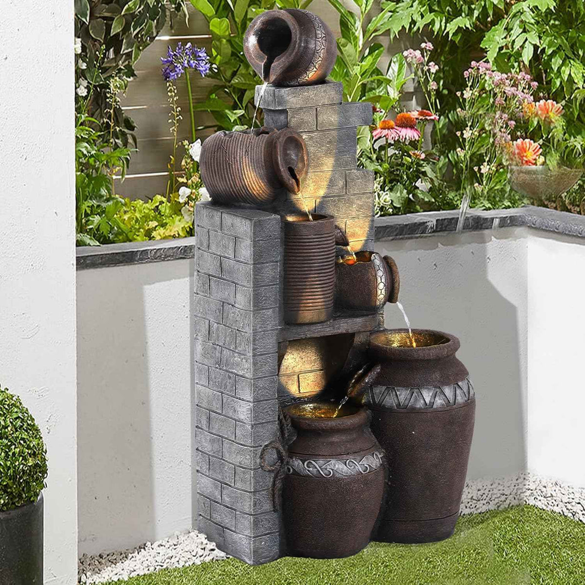 Outdoor Water Fountain 31.5" H - 6-Tier Cascading Floor-Standing Garden Fountain with LED Lights for Patio, Backyard, and Home