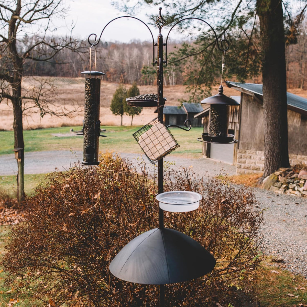 Backyard Expressions 90" Bird Feeding Station for Outdoors, Heavy Duty Bird Feeder Pole with Squirrel Baffle, Shepherd Hooks, Suet Cage, Water Bowl & Tray, Multi Hook Bird Feeder Stand for Yard Garden