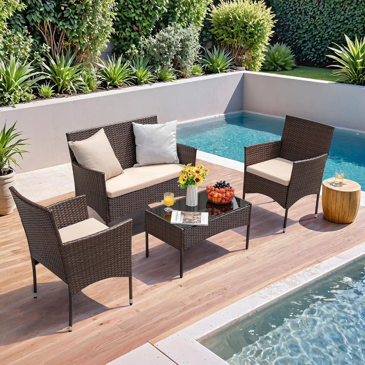 Homall 4 Pieces Outdoor Patio Furniture Set, Rattan Chairs, Brown &