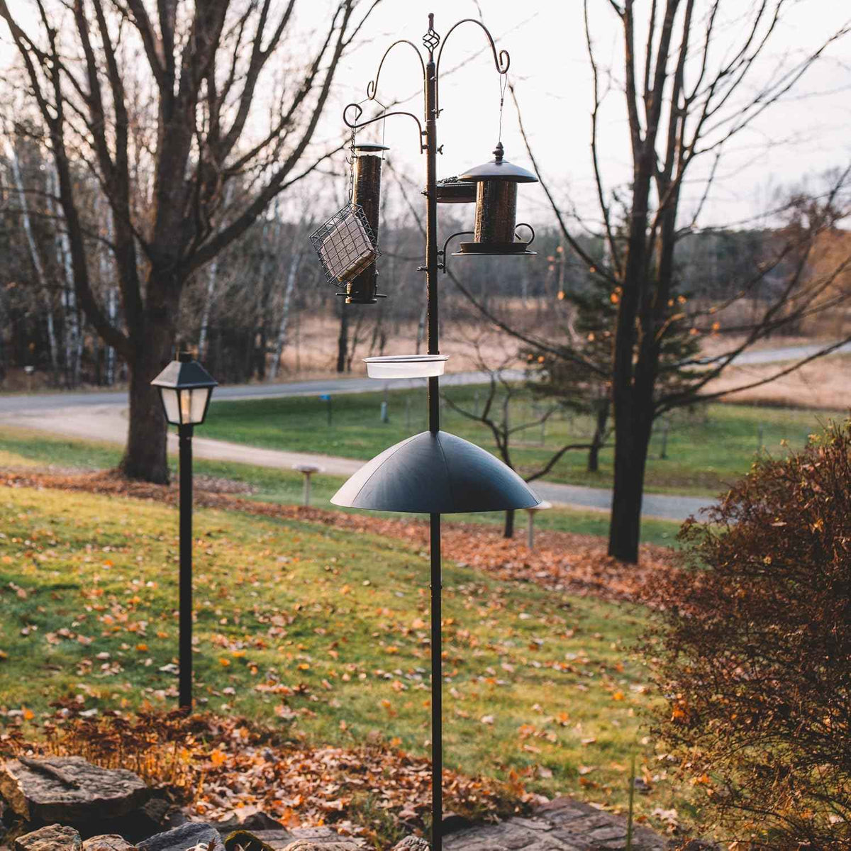 Backyard Expressions 90" Bird Feeding Station for Outdoors, Heavy Duty Bird Feeder Pole with Squirrel Baffle, Shepherd Hooks, Suet Cage, Water Bowl & Tray, Multi Hook Bird Feeder Stand for Yard Garden