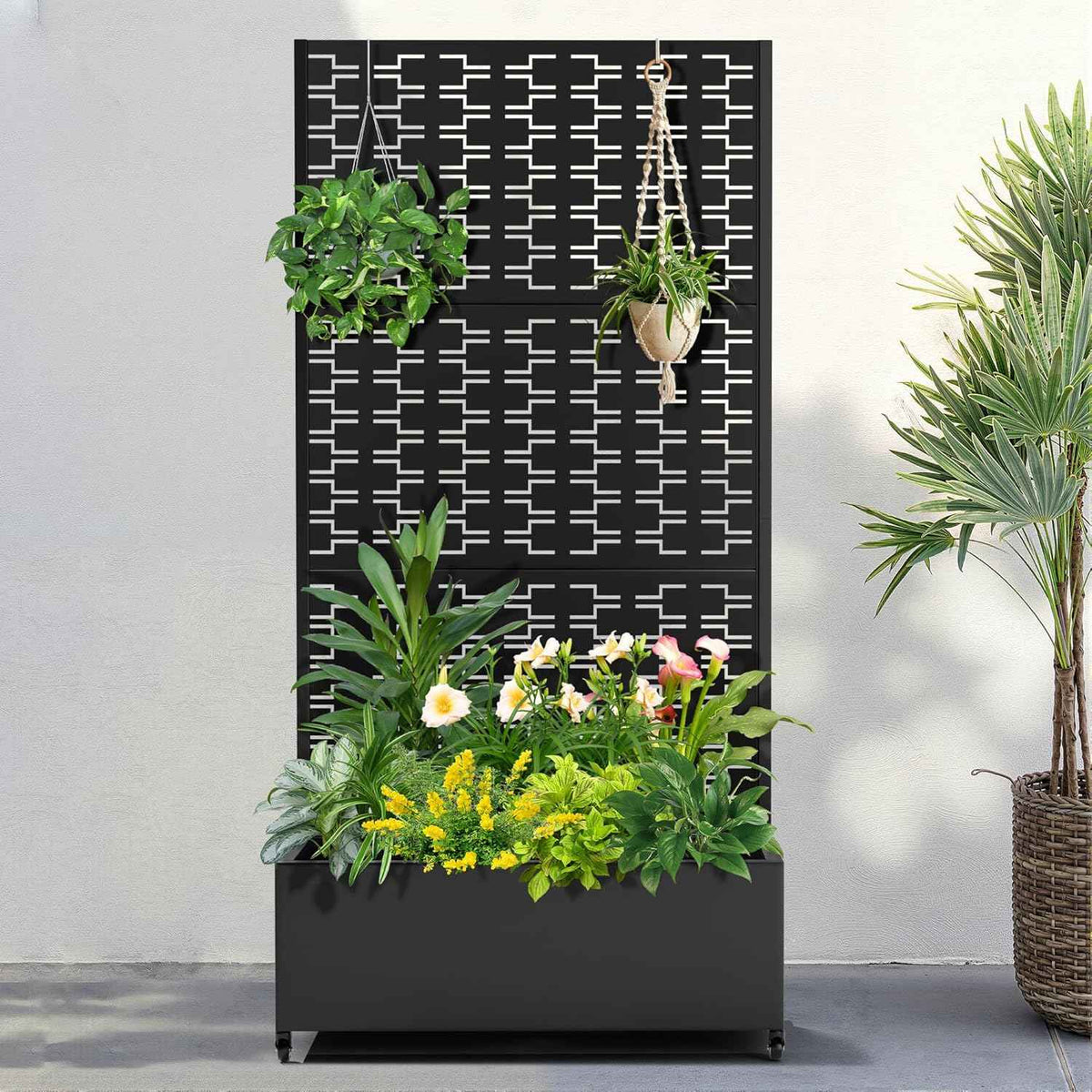 FENCY Metal Raised Garden Bed with Wheels and Trellis,73"x35"x16" Planter Box for Climbing Plants, Vegetables & Vines, Features Privacy Screen and Drainage Holes (Black-Brick)