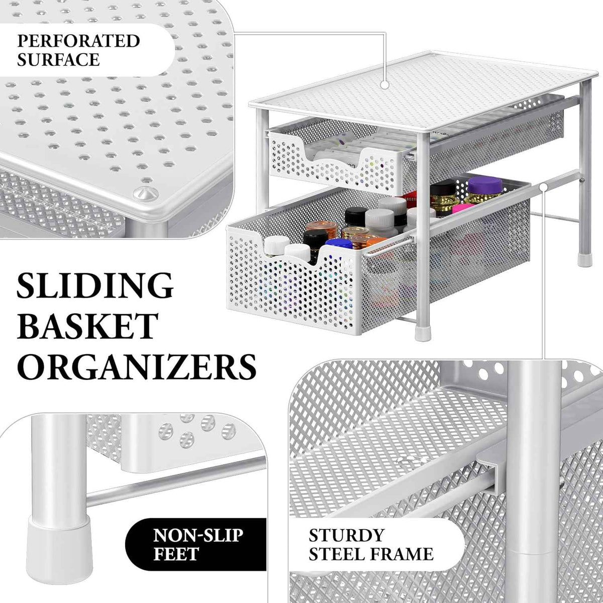 Simple Houseware Stackable 2 Tier Sliding Basket Organizer, White