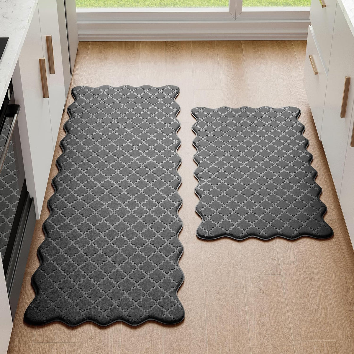Arenarug Upgrade Scalloped Embossed Kitchen Mats for Floor 2PCS Cushioned Anti Fatigue Waterproof Foam Kitchen Rugs Non Slip Washable Comfort Standing Mat for Sink Laundry, 17.3"x30"+17.3"x59", Black