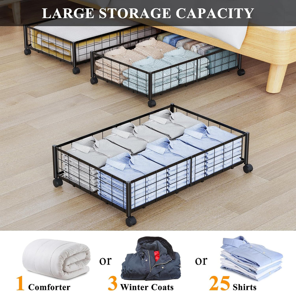 Hleelomi Under Bed Storage with Wheels, 360° Rotating, No-Assembly Underbed Storage Containers, 2PACK - Field & Nook