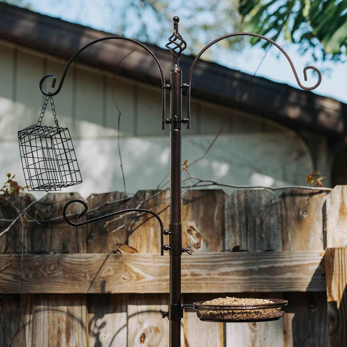 Backyard Expressions 90" Bird Feeding Station for Outdoors, Heavy Duty Bird Feeder Pole with Squirrel Baffle, Shepherd Hooks, Suet Cage, Water Bowl & Tray, Multi Hook Bird Feeder Stand for Yard Garden