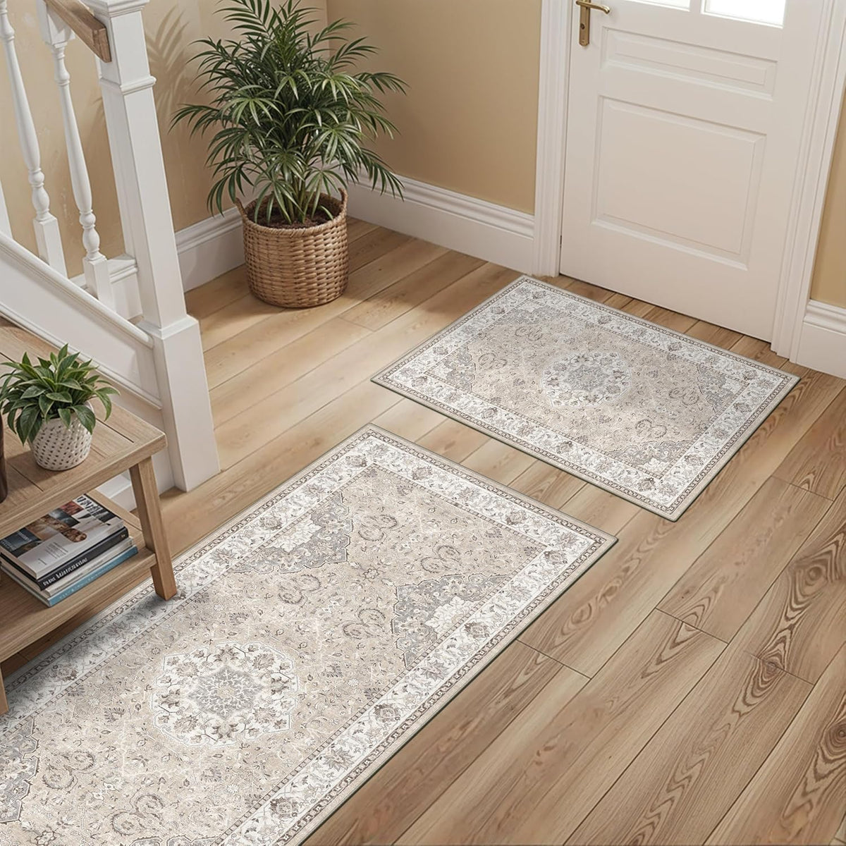 2-Piece Kitchen Runner Rug Set: Washable Non-Slip Floor Mats for Sink & Stove Cooking Area Soft Low Pile Water-Resistant Carpet for Dishwasher Fridge Fronts Durable Kitchen Island Mats(2x3+2x4,Beige)
