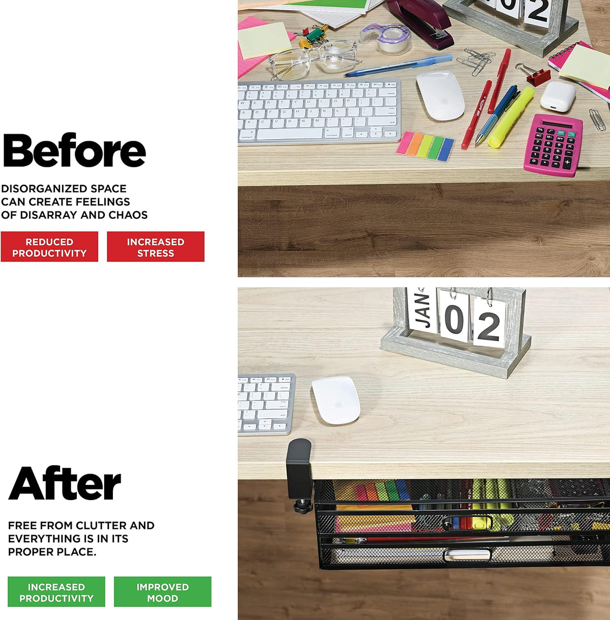 Homeify Under Desk Drawer Organizer Clamp-On, Mesh Metal Drawer Attachment, 2 Drawer Slide Out, On Or Under Desk Organizer For Office Supplies & Home Essentials (2 Drawers) - Field & Nook
