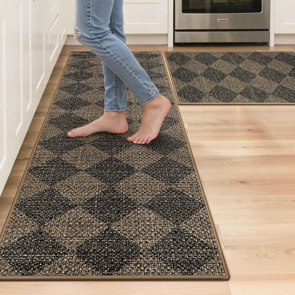 GENIMO Kitchen Rugs Non Slip Washable, Absorbent Kitchen Mats for Floor, Cushioned Comfort Standing Kitchen Runner Rug for Sink, Office, Laundry, Entryway, Home, 17.3"x59"+17.3"x30", Brown Diamond