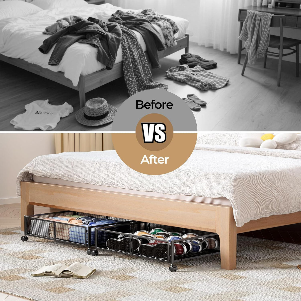 Yecaye Under Bed Storage with Wheels, 2 Pack Under Bed Shoe Storage Organizer Drawer, Tool-free Assembly Metal Underbed Storage Containers for Clothes, Shoes, Toys, Black - Field & Nook