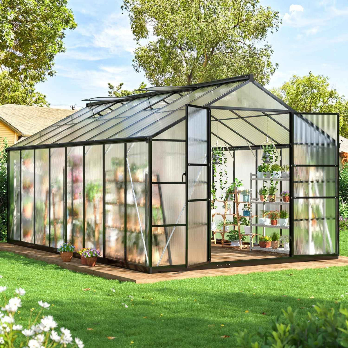WKM 10x16 FT Greenhouse for Outdoors, Walk-in Polycarbonate Greenhouse with Roof Vent and Quick Setup Structure, Heavy Duty Green House for Outside Garden Backyard, Black