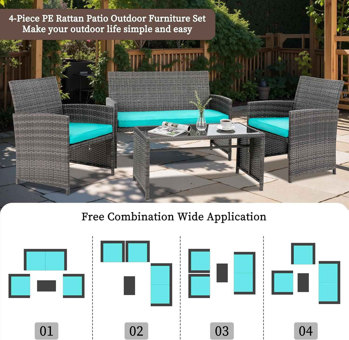 4 Piece Patio Ratten Set Outdoor Furniture Set Wicker Conversation