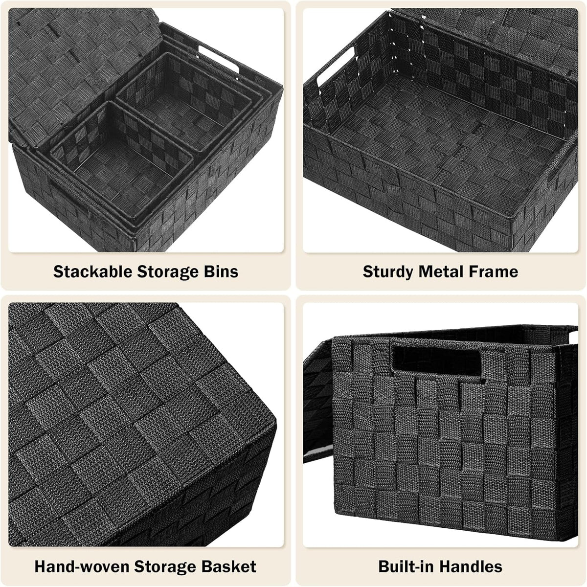 Storage Baskets with Lids: 5 Pack Stackable Woven Storage Bins, Black | Decorative Woven Baskets for Organizing with Built-In Handles for Shelves, Closets, Cabinets and Cubbies, Gift Small Basket - Field & Nook