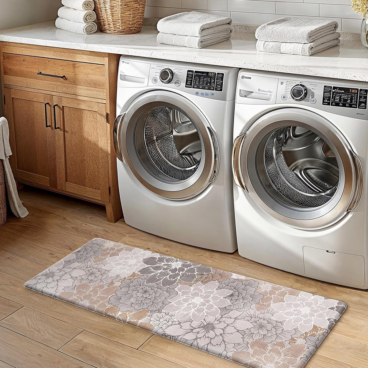 GENIMO Anti Fatigue Kitchen Mats for Floor 2PCS, Cushioned Standing Mats | 17.3"x47"&17.3"x30", Taupe Grey vintage floral rug set, waterproof, non slip, easy-clean for farmhouse