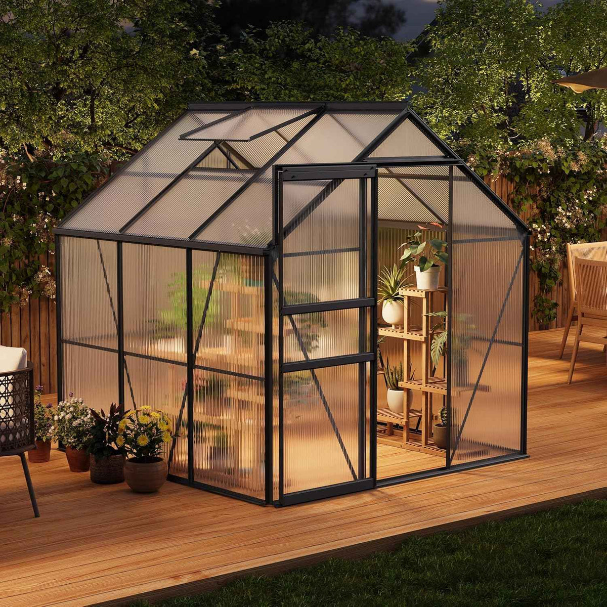 IDEALHOUSE 6x6 ft Polycarbonate Greenhouse with Adjustable Roof Vent, Walk-in Greenhouse for Outdoor Garden Backyard, Heavy Duty Aluminum Frame, 720g/M² PC Panels, Black