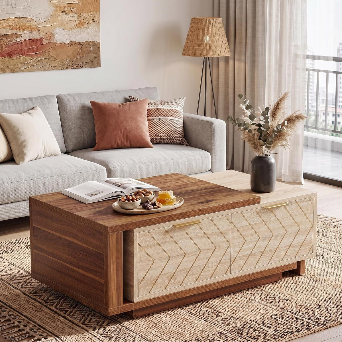 LITTLE TREE Expandable Coffee Table with 2 Drawers, Walnut & Oak