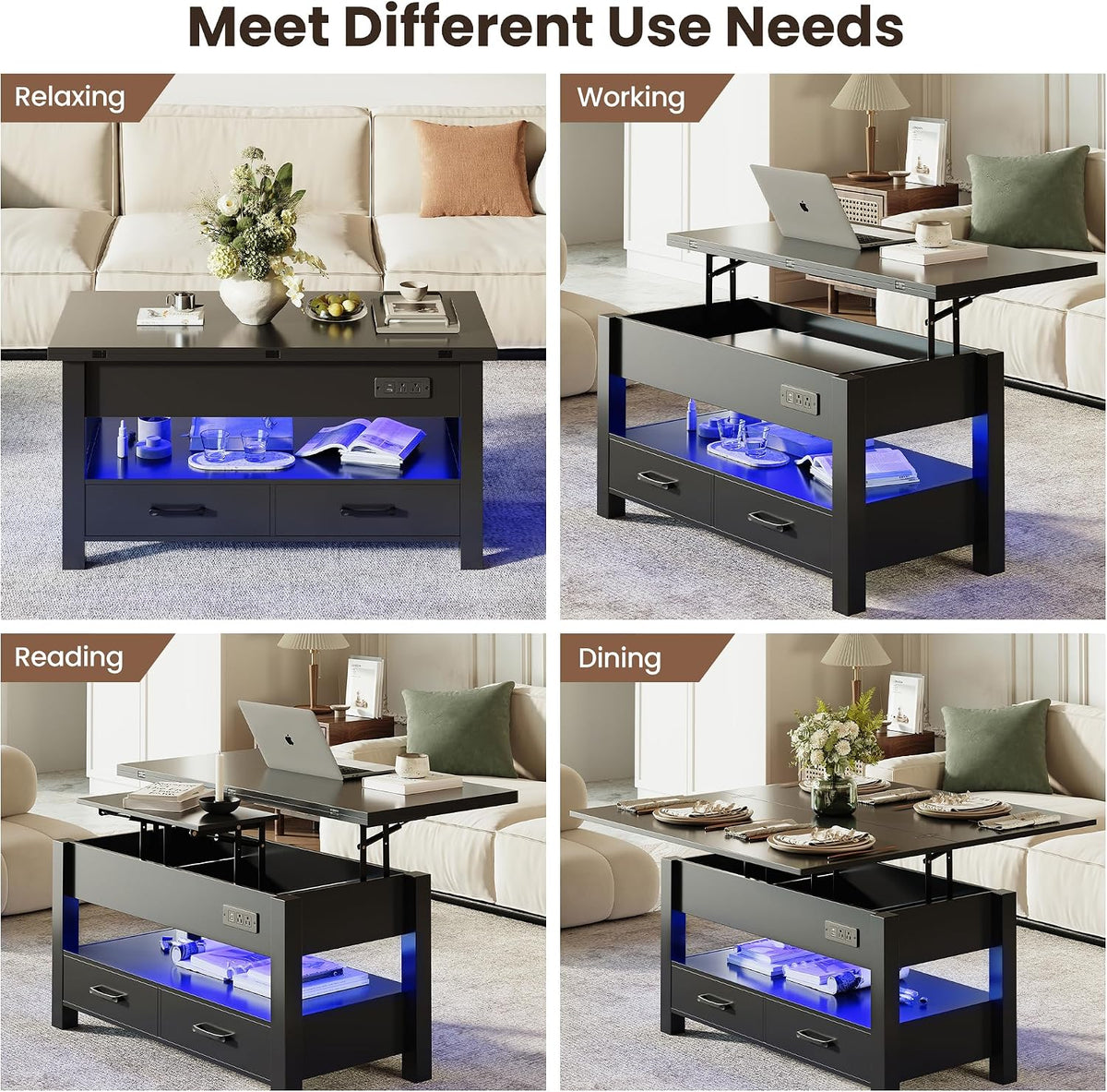 MALOL 40" Lift Top Coffee Table with Storage Drawers, Black