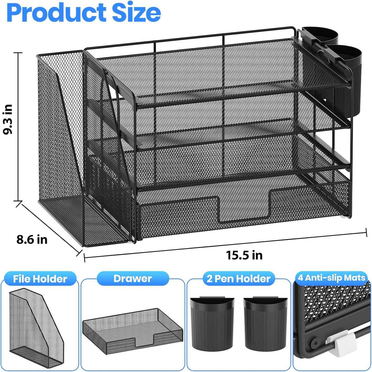 Desk Organizer, 4-Tier Desktop File Organizer with Drawer and Pen Holders, Office Desk Accessories, File Sorters, Workspace Organizers for Office Supplies(Black)