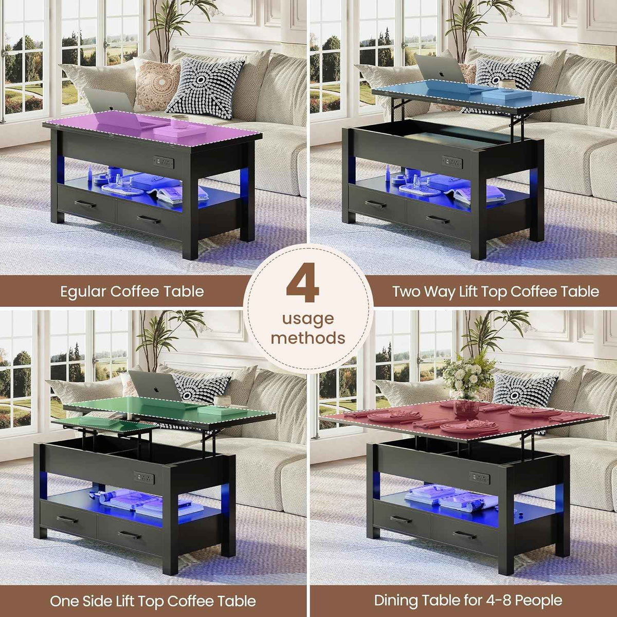 MALOL 40" Lift Top Coffee Table with Storage Drawers, Black
