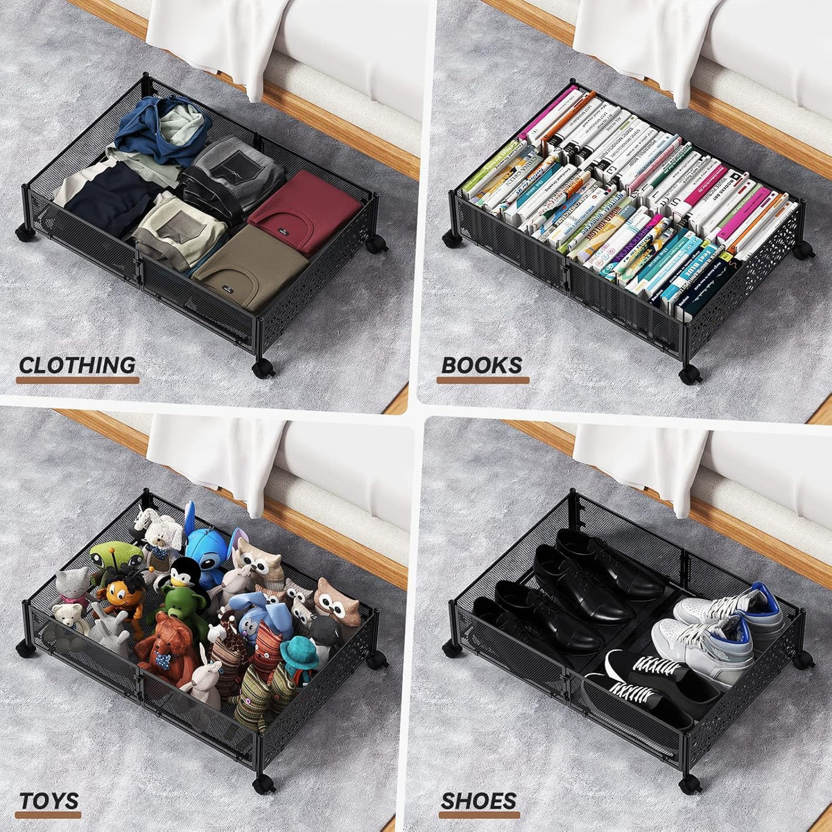 Under Bed Stroage Container with wheels,Patterned,Metal,2 Pack,Black | Tool-free assembly, glide smoothly, easy reach, foldable, maxmazie low-profile beds, dorm, keep seasonal clothes, shoes fresh - Field & Nook