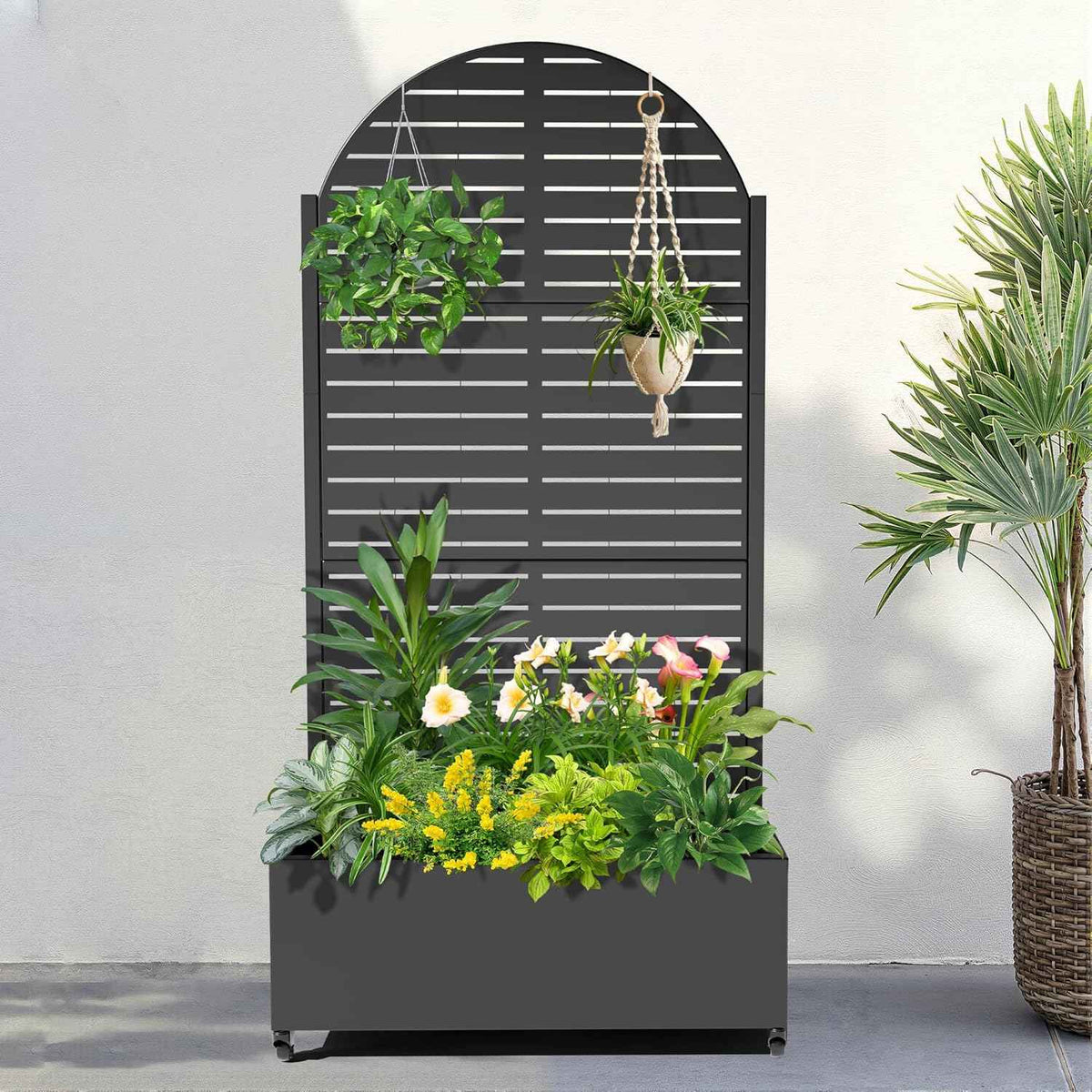 FENCY Metal Raised Garden Bed with Wheels and Trellis,Arched 73"x35"x16" Planter Box for Climbing Plants, Vegetables & Vines, Features Privacy Screen and Drainage Holes (Black-Louvered)