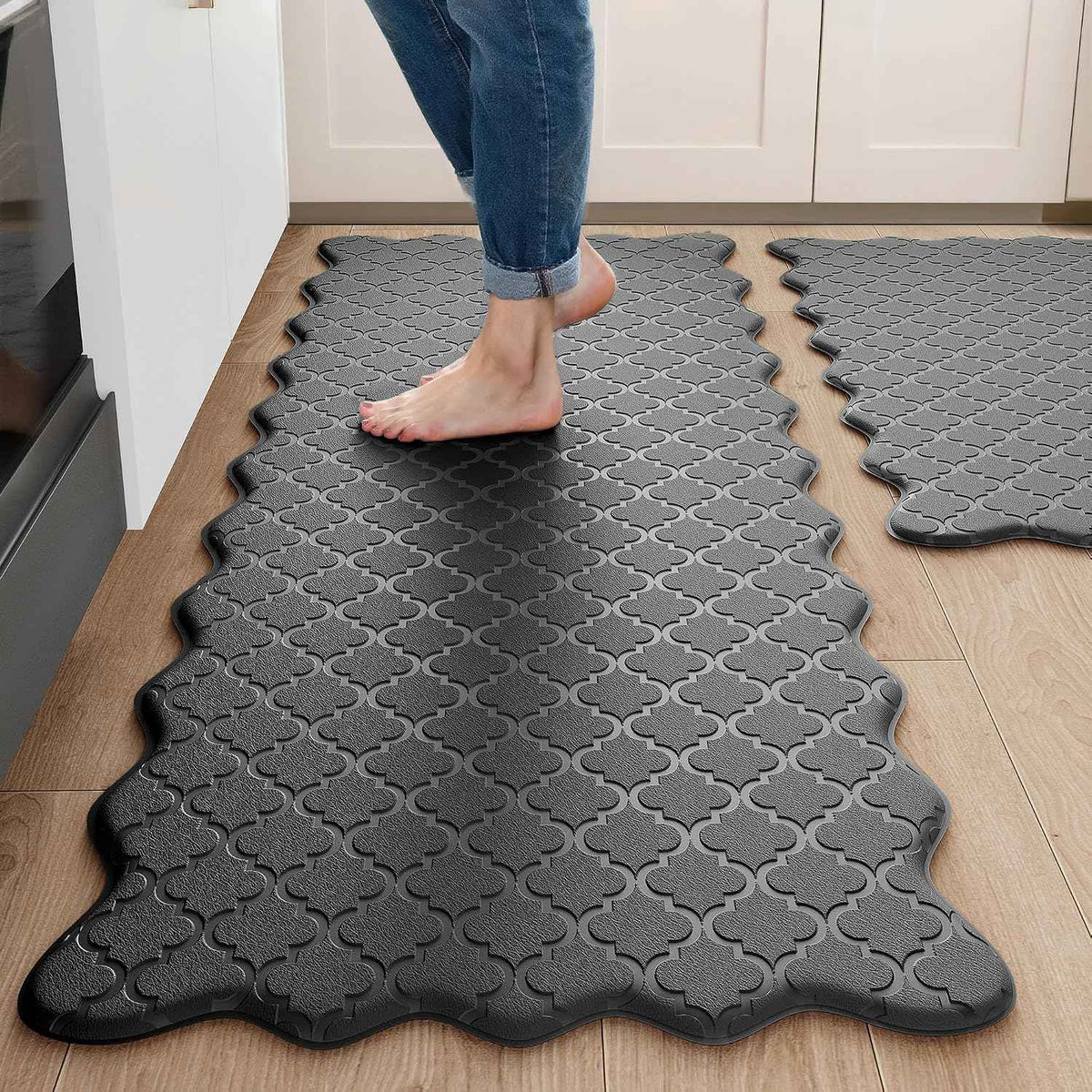 Arenarug Upgrade Scalloped Embossed Kitchen Mats for Floor 2PCS Cushioned Anti Fatigue Waterproof Foam Kitchen Rugs Non Slip Washable Comfort Standing Mat for Sink Laundry, 17.3"x30"+17.3"x59", Black