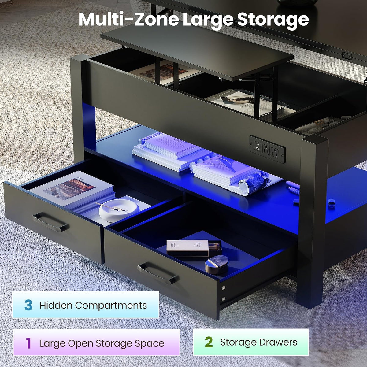 MALOL 40" Lift Top Coffee Table with Storage Drawers, Black