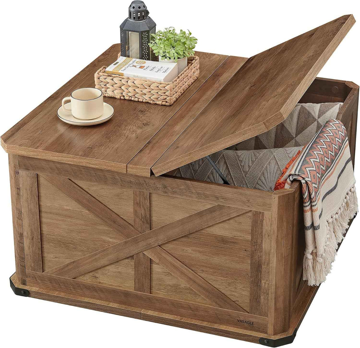 VASAGLE LIRY Farmhouse Coffee Table with Storage, Honey Brown