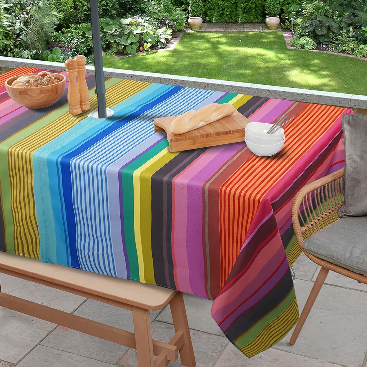 Outdoor Tablecloth with Umbrella Hole and Zipper, Rectangle Patio Table Covers for Spring/Summer, Machine Washable Outdoor Picnic Table Cloth (02stripes, 60" × 84" Rectangular)