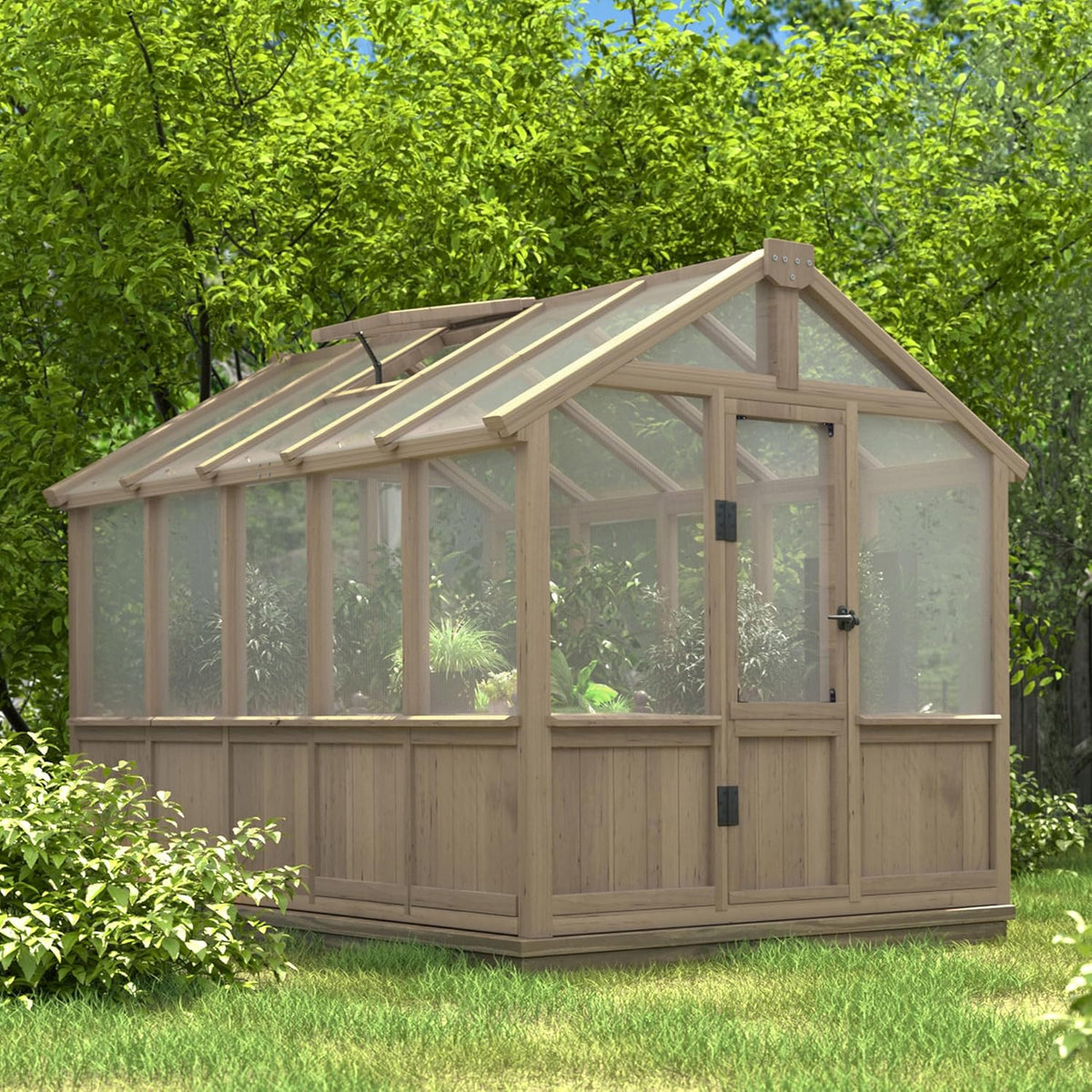 6x10 FT Green House for Outdoor, 6MM Thick Polycarbonate Panel Wooden Walk-in Greenhouse Kit with Lockable Door and Adjustable Roof Vent, Backyard Garden, Light Mocha Brown