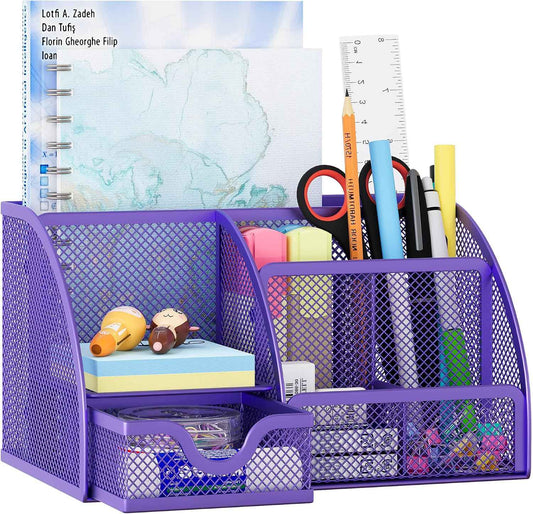 EasyPAG Mesh Desk Organizer with Drawer Multi-functional Pen Holder Stationery Organizer for Office School Supplies 6 Compartments Dorm Organizers and Storage for Desk, Purple