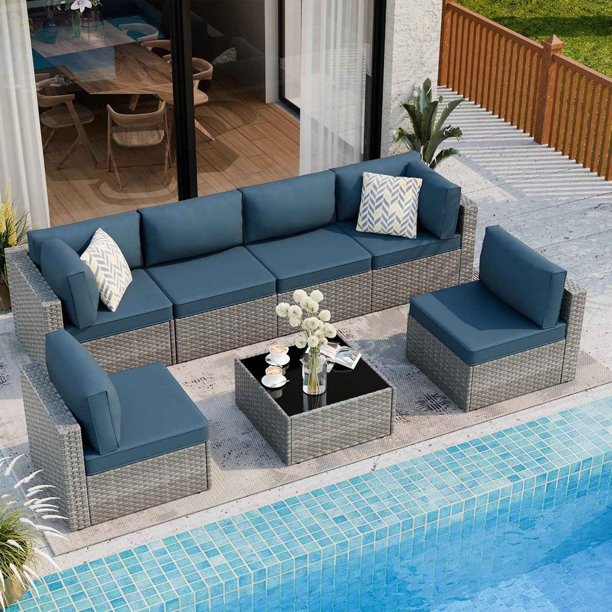 7 Piece Outdoor Patio Furniture Set with Silver PE Rattan, Navy Blue