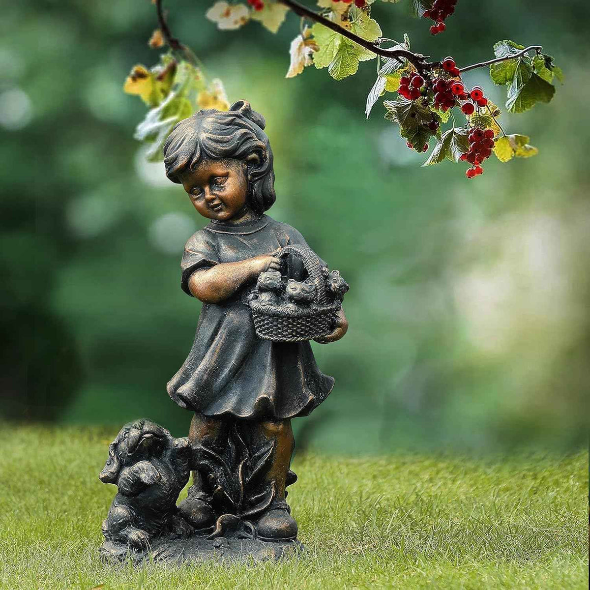 LuxenHome Garden Decor Statue,23" Fiber Stone Girl and Puppy Outdoor Statue, Bronze Garden Sculpture, Outdoor Art for Patio Courtyard Backyard Decor, House Warming Gifts