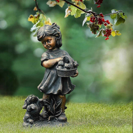 LuxenHome Garden Decor Statue,23" Fiber Stone Girl and Puppy Outdoor Statue, Bronze Garden Sculpture, Outdoor Art for Patio Courtyard Backyard Decor, House Warming Gifts