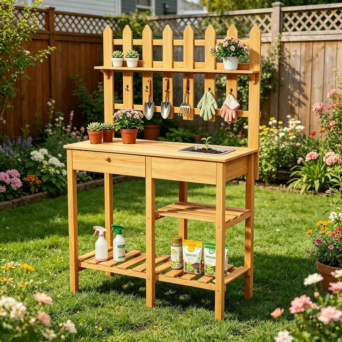 Outdoor Potting Bench, Wooden Potting Table with Built-in Sink, Drawer, Hooks & Storage Shelves – Large Gardening Bench for Outside Garden Workstation, Backyard Patio Balcony, Brown