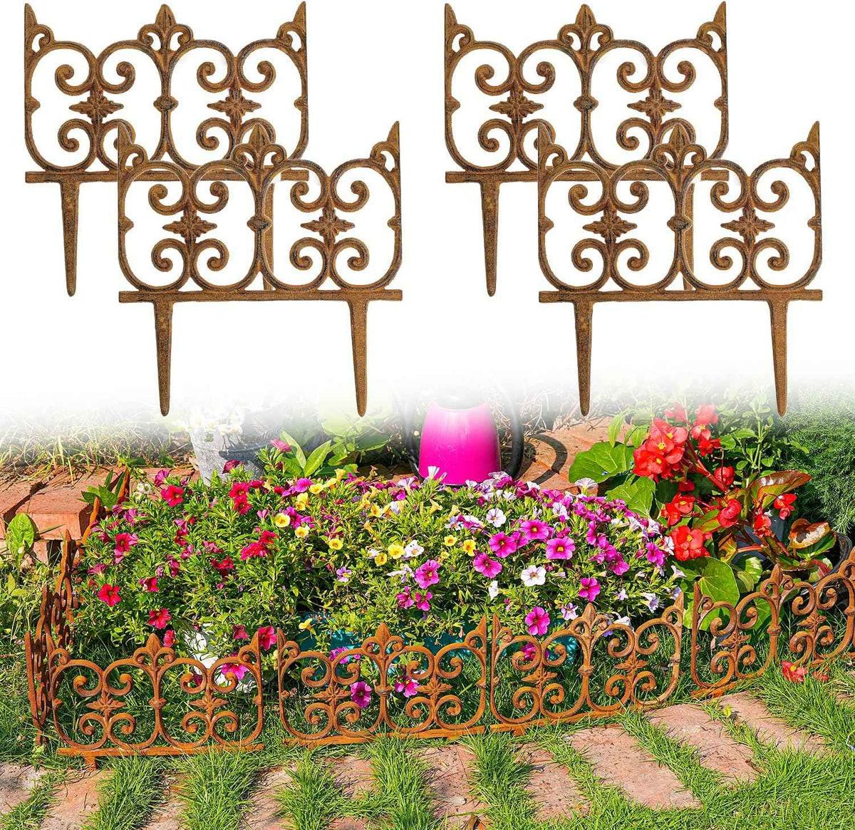 Decorative Cast Iron Garden Edging, 4 Pack Full Rusted Victorian Garden Edging Landscape Border, Vintage Metal Yard Stake Low Picket Fence