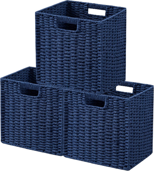 3-Pack Wicker Basket – Foldable Cube Storage bin with Handle - Field & Nook