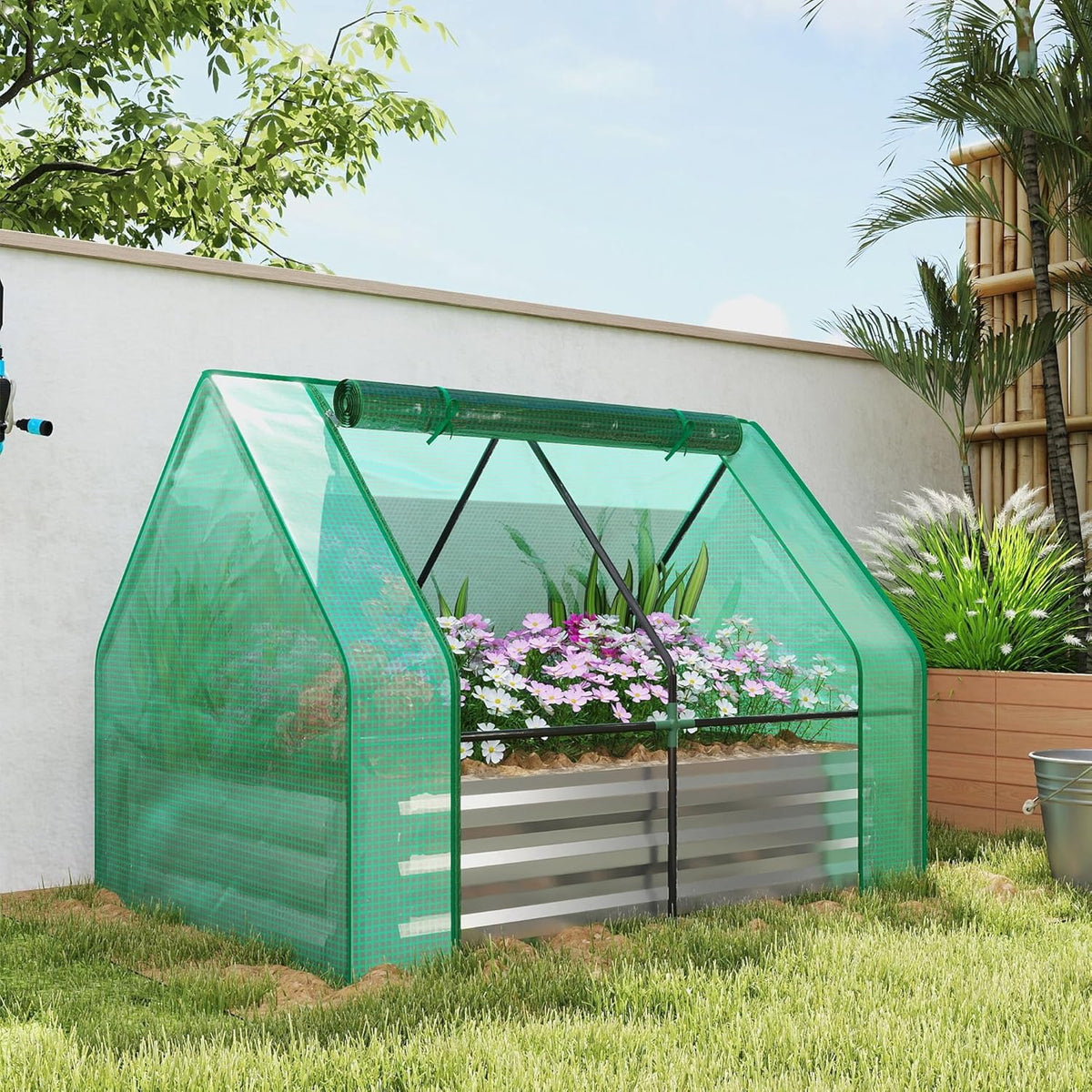 Outsunny 4 x 3 x 3ft Raised Garden Bed with Mini Greenhouse, Galvanized Raised Garden Bed with Cover for Herbs and Vegetables, Small Greenhouse for Patio Garden Balcony, Green