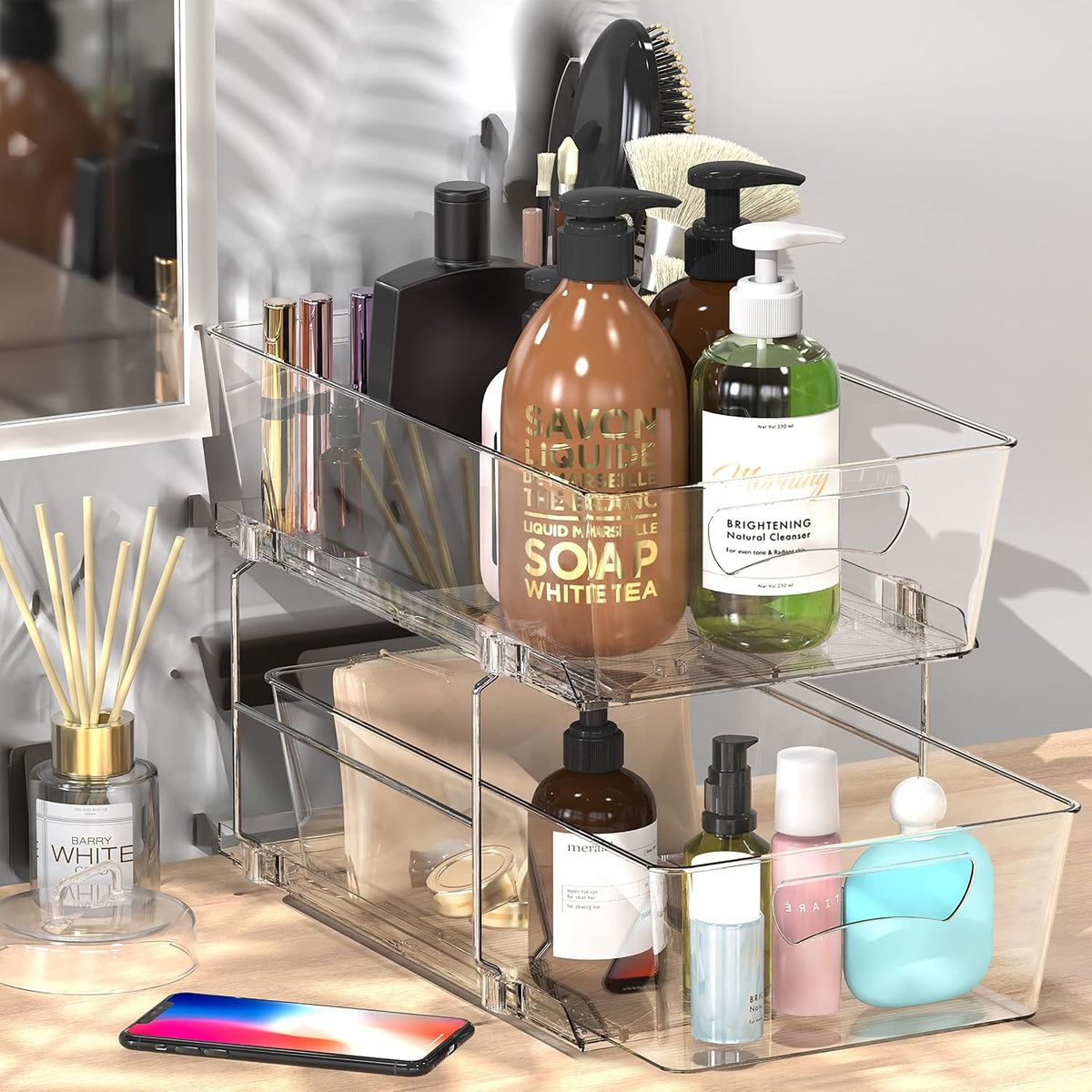 Simple Houseware 2-Tier Pull-Out Cabinet Organizer, Clear