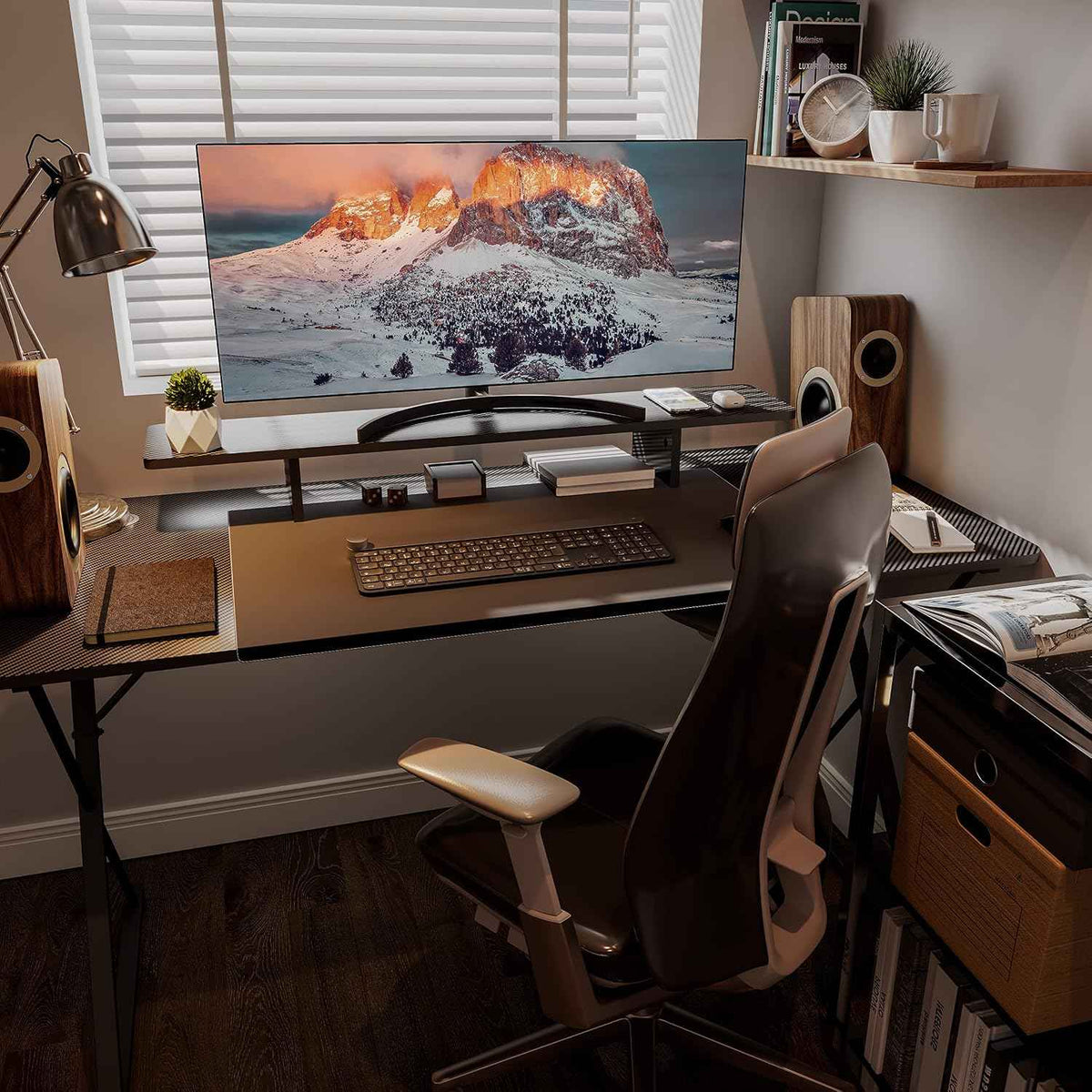 EUREKA ERGONOMIC Dual Monitor Stand Adjustable Carbon Fiber | dual monitor riser with carbon fiber surface and desktop organizer design, ideal for PC, computer, and laptop setups