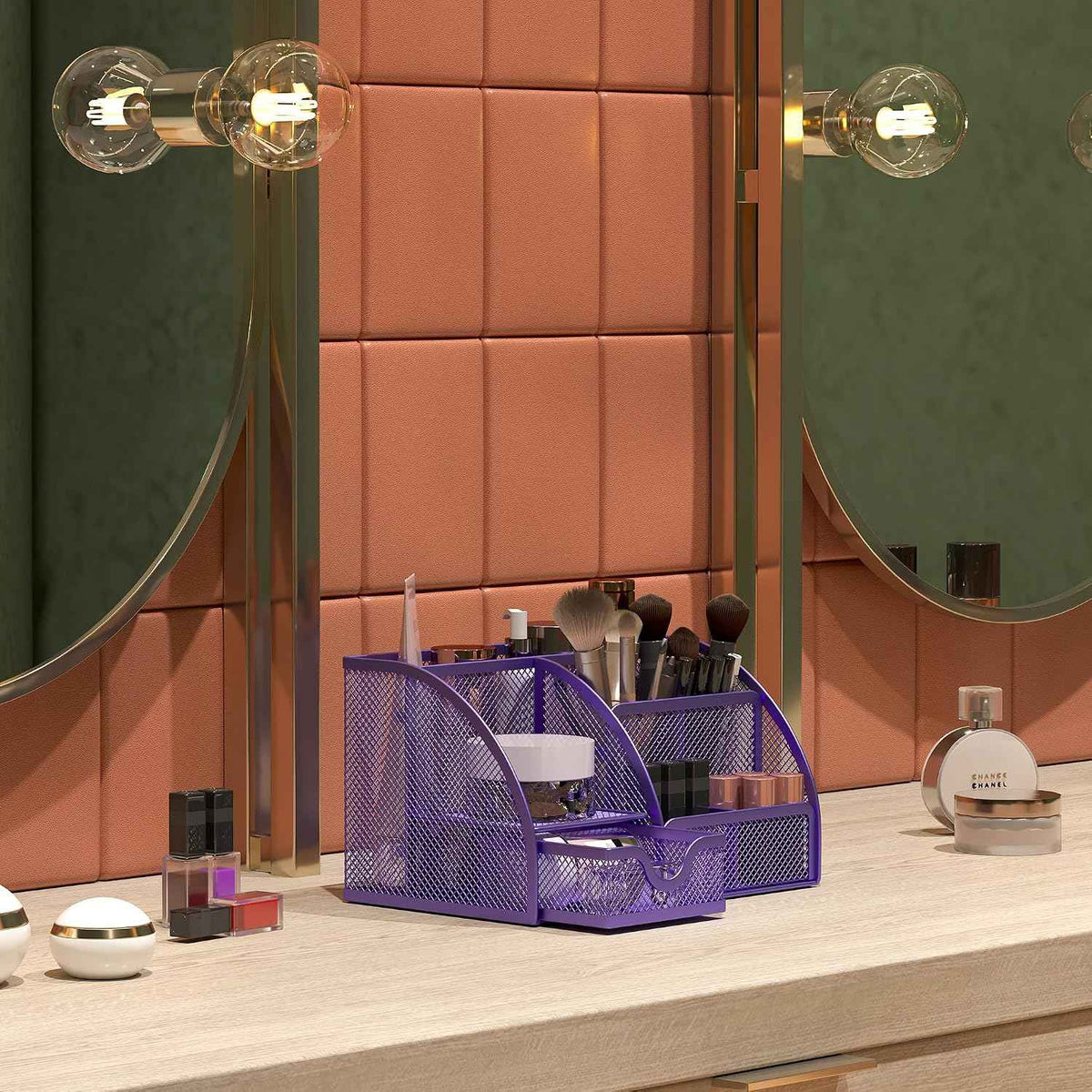EasyPAG Mesh Desk Organizer with Drawer Multi-functional Pen Holder Stationery Organizer for Office School Supplies 6 Compartments Dorm Organizers and Storage for Desk, Purple