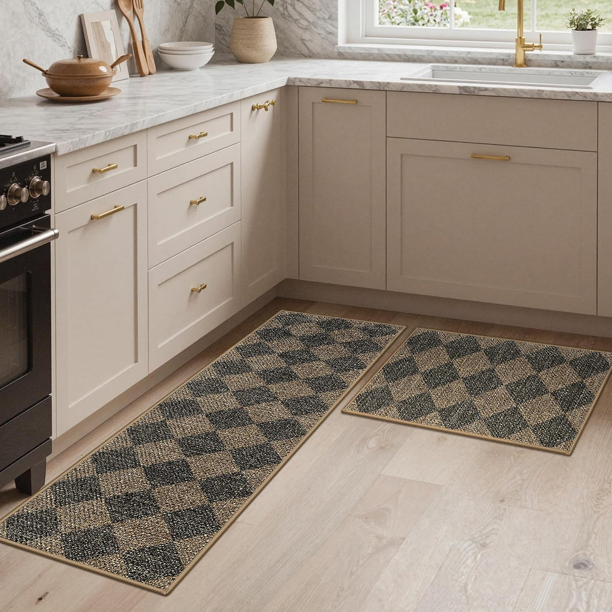 GENIMO Kitchen Rugs Non Slip Washable, Absorbent Kitchen Mats for Floor, Cushioned Comfort Standing Kitchen Runner Rug for Sink, Office, Laundry, Entryway, Home, 17.3"x59"+17.3"x30", Brown Diamond