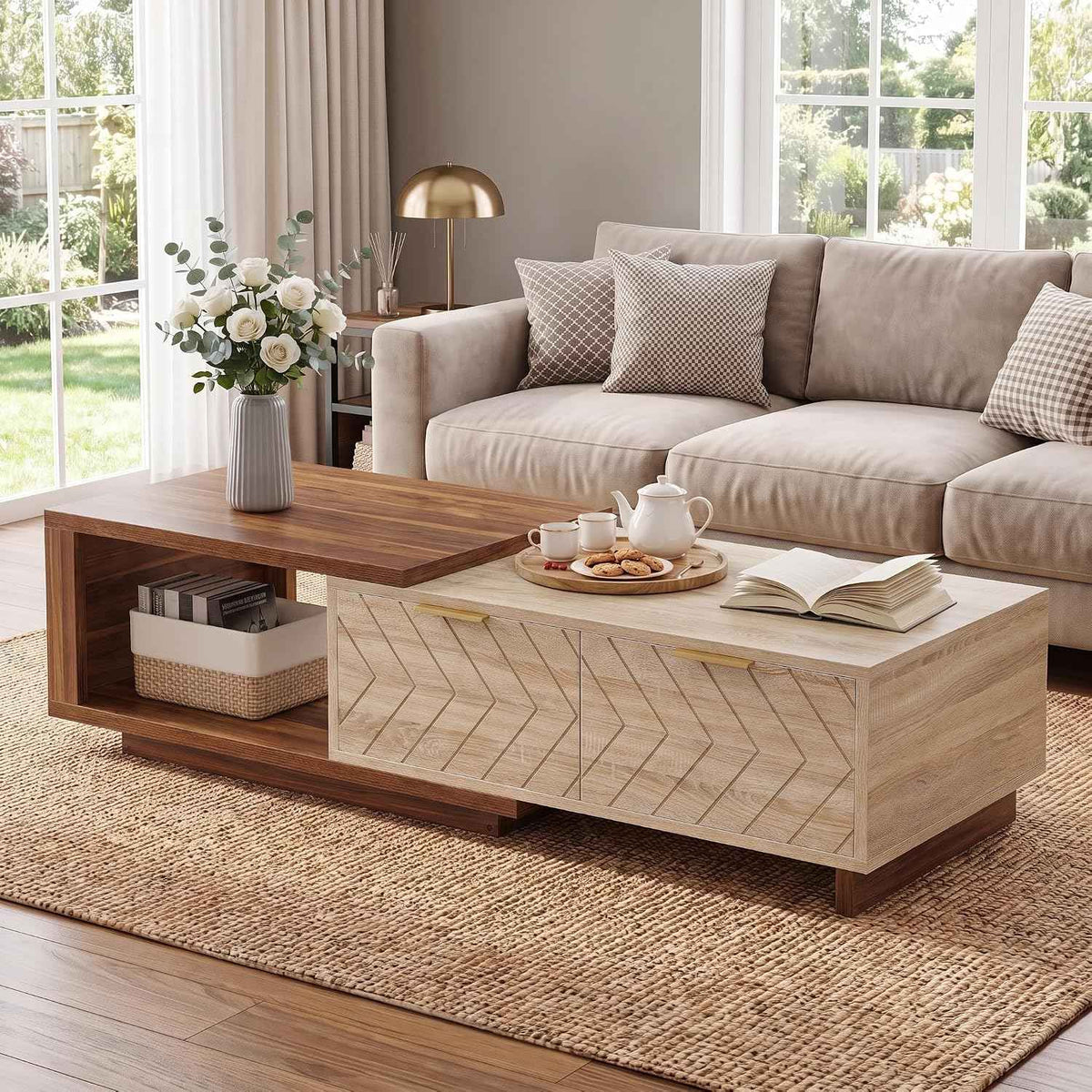 LITTLE TREE Expandable Coffee Table with 2 Drawers, Walnut & Oak
