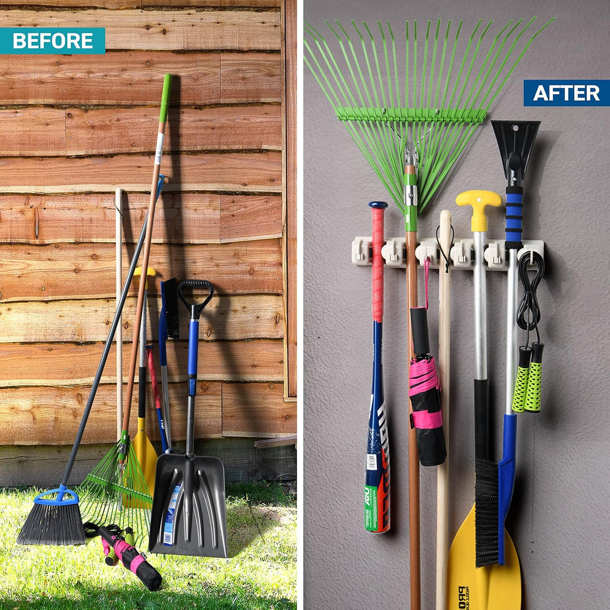 HOME IT Broom and Mop Holder Wall Mount – Heavy Duty Garage Organizer with 5 Slots & 6 Hooks, 7.5lbs Capacity Per Slot - Easy Install Storage Rack for Home, Kitchen, Laundry Room & Garden - Off-White - Field & Nook