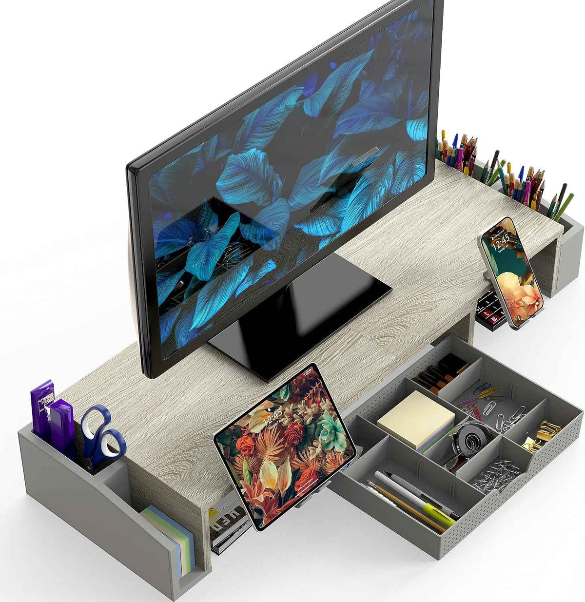 Simple Houseware Desk Dual Monitor Stand Riser with Drawer, Maple | Customizable Organizer Tray, Built-In Phone & Tablet Slot and Side Storage