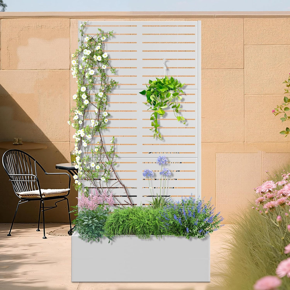 Metal Planter Box with Trellis, Heavy-Duty Raised Garden Bed for Climbing Plants, Drainage Hole, Outdoor Planter Box with Privacy Screen，35''L×16''W×71''H