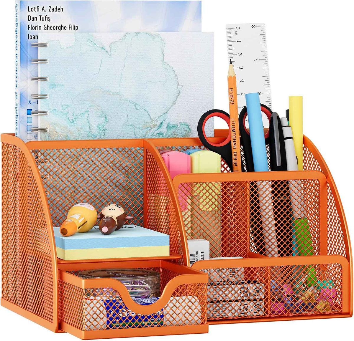 EasyPAG Mesh Desk Organizer with Drawer Multi-functional Pen Holder Stationery Organizer for Office School Supplies 6 Compartments Dorm Organizers and Storage for Desk, Orange