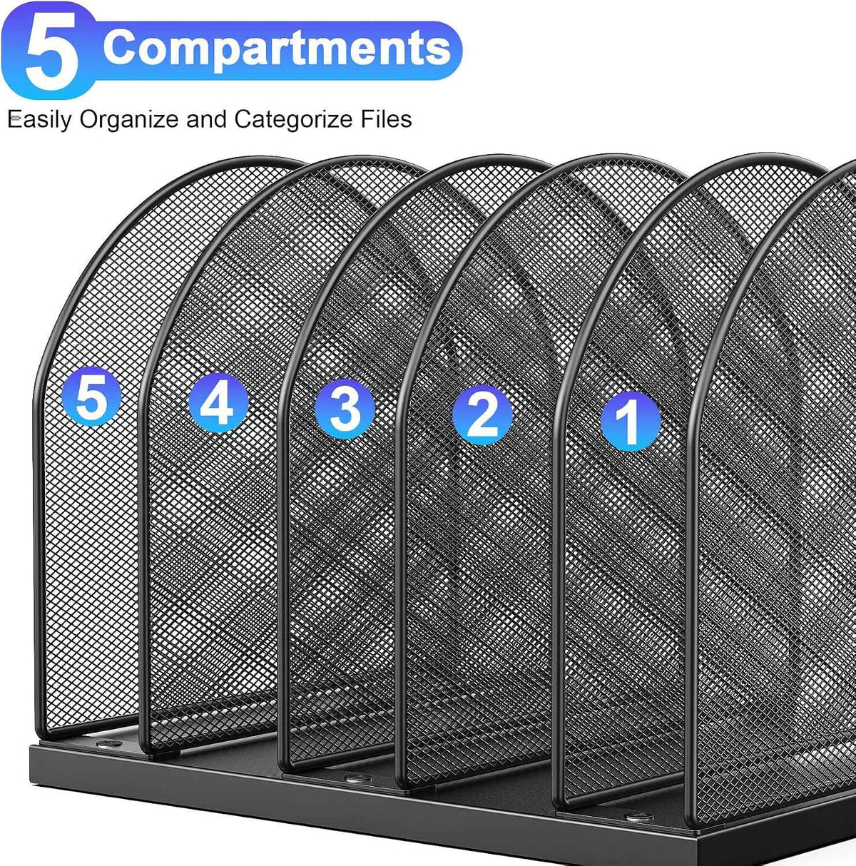 gianotter Desktop File Organizer with 5 Compartments | Desk Organizer Paper Organizer for Desk Workspace Organizers for Office Supplies (Black, Upright Style)